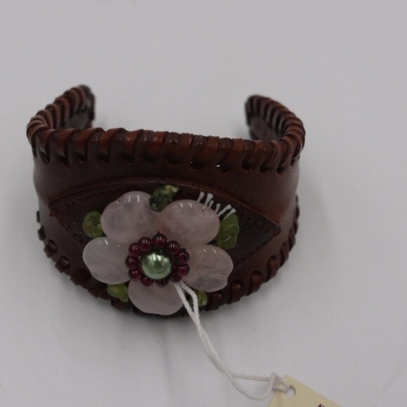 The Purple Door Leather Stone Bead Flower Cuff Adjustable Bracelet Boho - Picture 3 of 9
